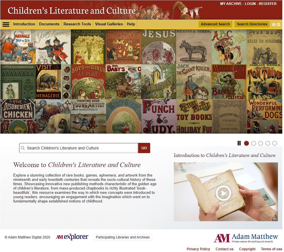 Children's Literature and Culture homepage showing navigation bar, image of books and introduction.
